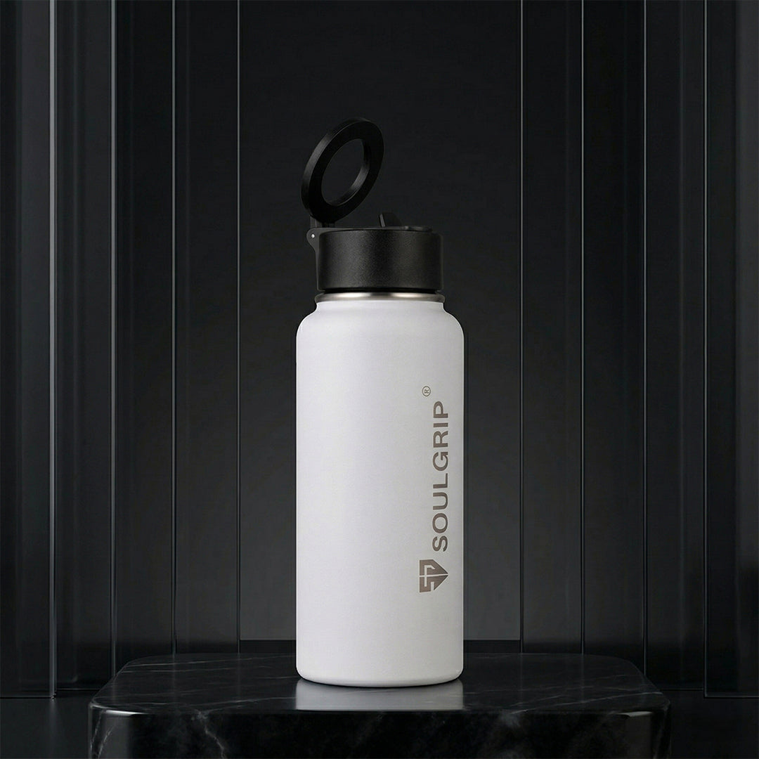 Soulbottel Magx – 1L Steel Bottle with Magnetic Phone Mount & Tripod Cap (Black & White)