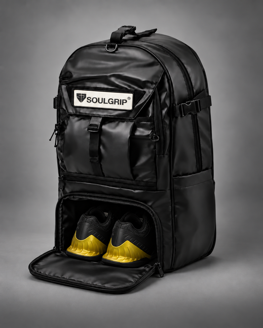 Black SOULGRIP Loadout 45 training backpack with the lower shoe compartment open and a pair of shoes inside.