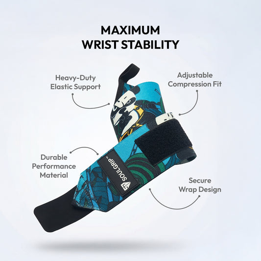 Soulgrip Panda Flex Wrist Wrap feature callout — heavy-duty elastic support, adjustable compression fit, durable performance material, secure wrap design