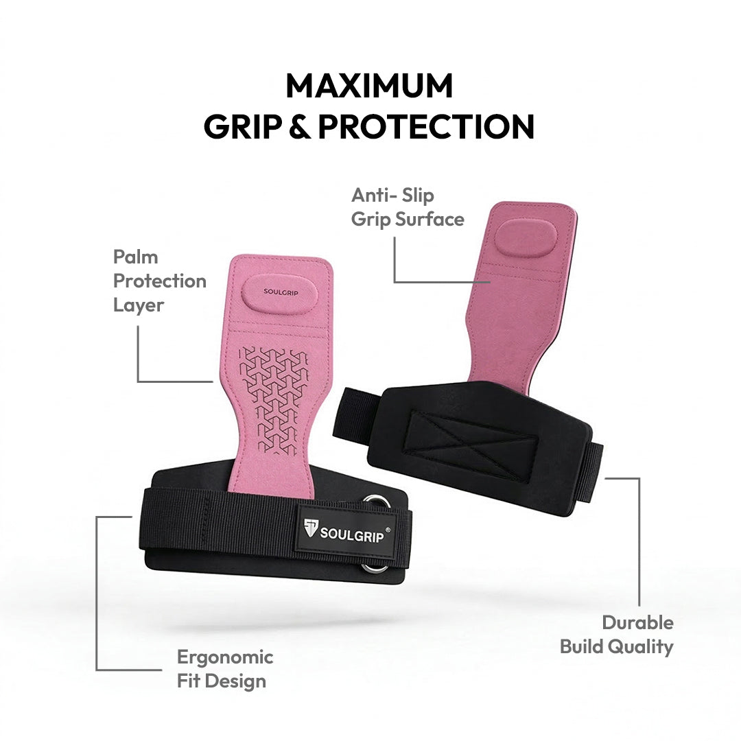 Pink weightlifting straps with black straps on a white background, featuring text on grip and protection.