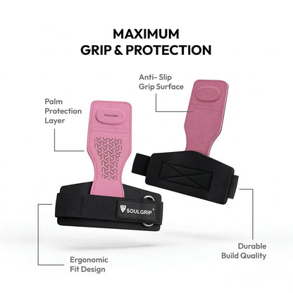 Pink weightlifting straps with black straps on a white background, featuring text on grip and protection.