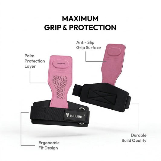 Pink weightlifting straps with black straps on a white background, featuring text on grip and protection.