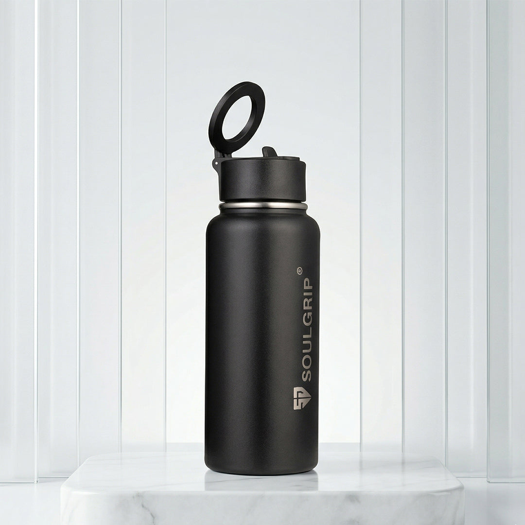Soulbottel Magx – 1L Steel Bottle with Magnetic Phone Mount & Tripod Cap (Black & White)
