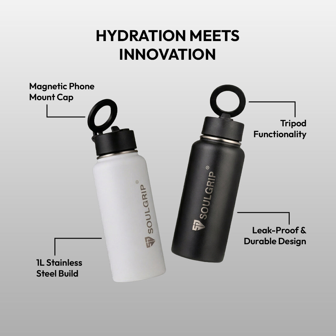 Soulbottel Magx – 1L Steel Bottle with Magnetic Phone Mount & Tripod Cap (Black & White)