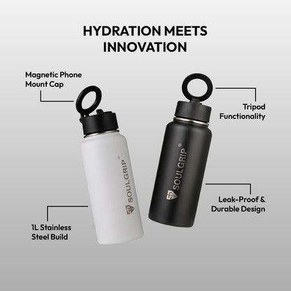 Soulbottel Magx – 1L Steel Bottle with Magnetic Phone Mount & Tripod Cap (Black & White)