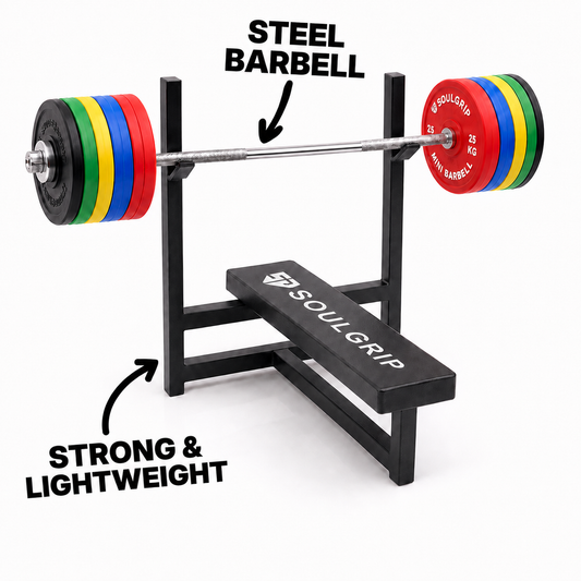 Mini Barbell Bench Press Set — Bench, Rack, Bar & 10 Plates